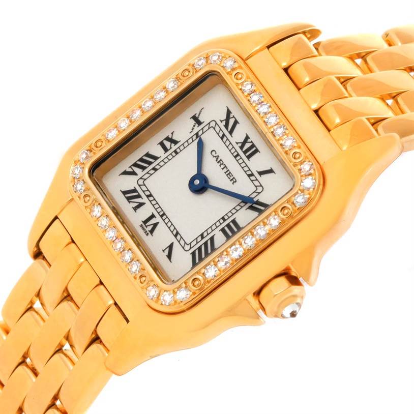 The image shows a close-up, angled view of the Cartier Panthere WF3070B9 Yellow Gold Silver Dial WF3070B9 Yellow Gold Silver Dial watch, highlighting its gold bracelet and diamond bezel.
