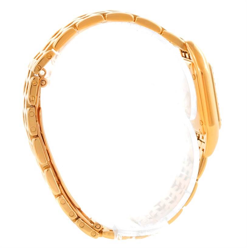 The image shows a side view of the Panthere de Cartier watch, highlighting its gold bracelet and case.