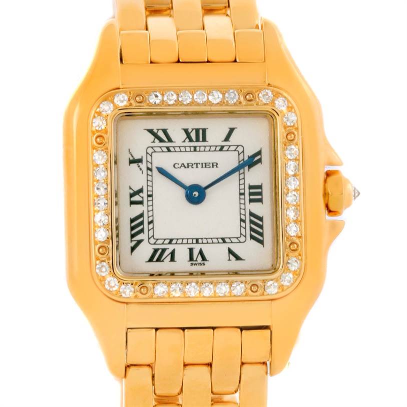 The image shows a front view of a Cartier Panthere WF3070B9 Yellow Gold Silver Dial WF3070B9 Yellow Gold Silver Dial watch, highlighting its square face, Roman numerals, and diamond bezel.