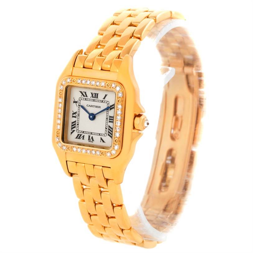 The image shows a Cartier Panthere WF3070B9 Yellow Gold Silver Dial WF3070B9 Yellow Gold Silver Dial watch from a front angle, highlighting its gold bracelet and diamond-encrusted bezel.