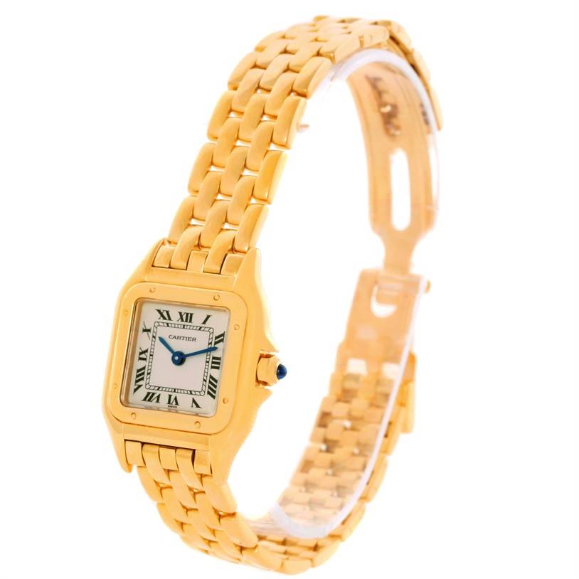 The image shows a Cartier Panthere W25022B9 Women's Yellow Gold Silver Dial W25022B9 Women's Yellow Gold Silver Dial watch angled from the front left, displaying the face and part of the gold bracelet.