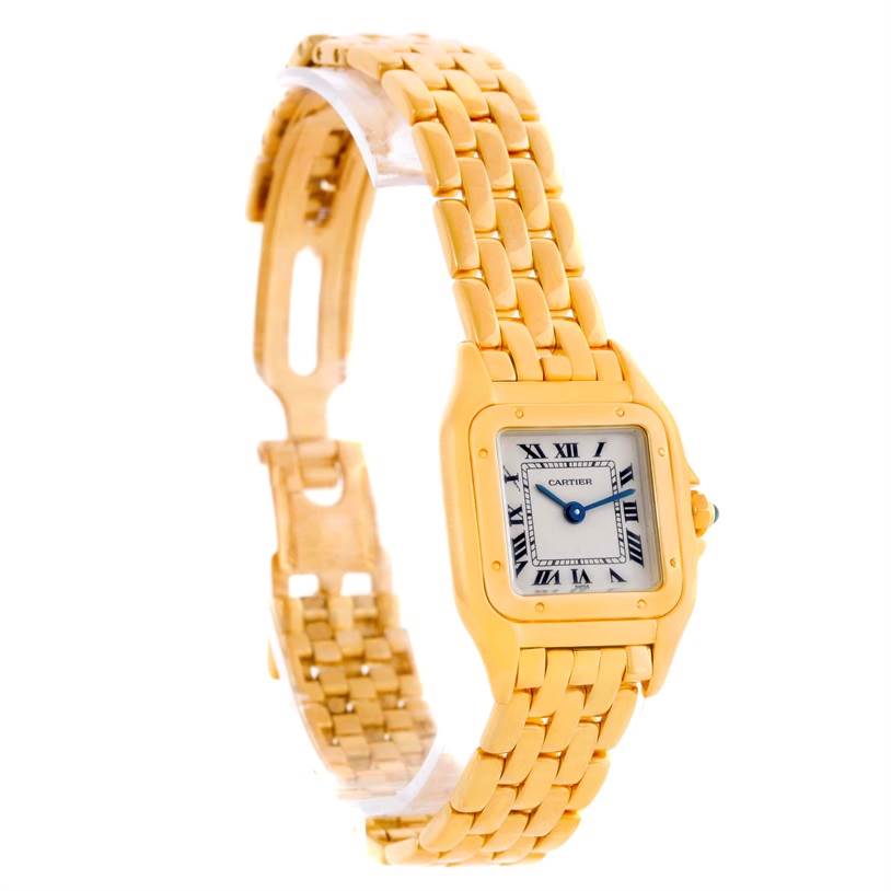 The image shows a Panthère de Cartier watch at a three-quarter angle, highlighting its gold bracelet, square face, and Roman numeral dial.