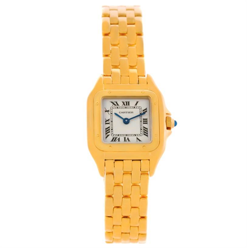 This image shows a front view of the Panthere model watch by Cartier, highlighting its gold bracelet, white dial, and blue hands.