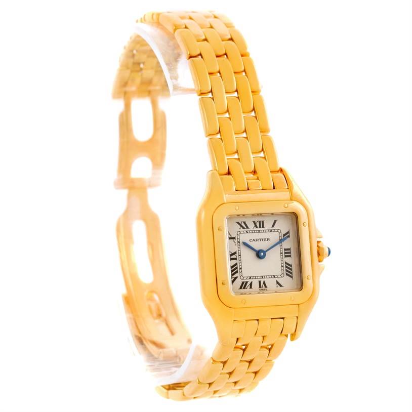 This image shows a side angle of the Cartier Panthere W25022B9 Women's Yellow Gold Silver Dial W25022B9 Women's Yellow Gold Silver Dial watch, displaying its gold bracelet and square dial with Roman numerals.
