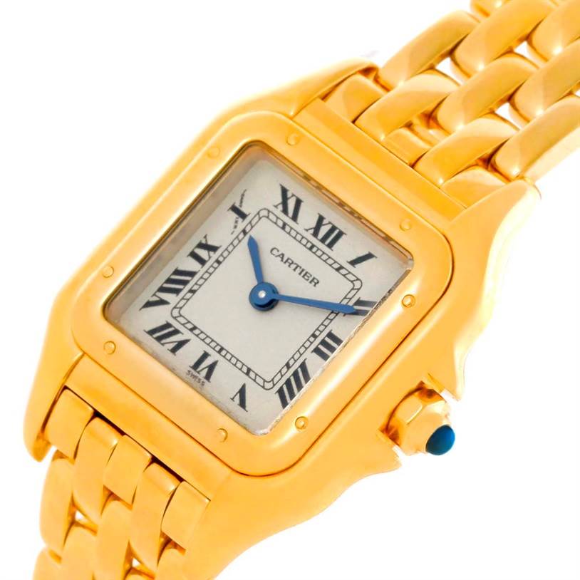 The Panthere by Cartier watch is shown from a front angle, highlighting the face, dial, case, and part of the bracelet.