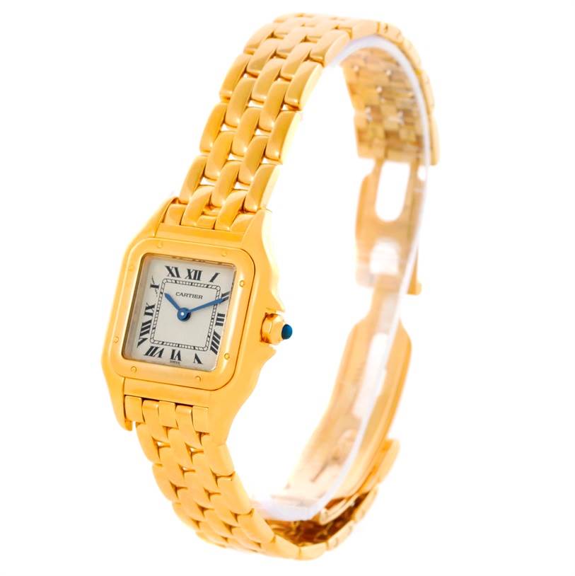 This image shows the front and partial side view of a Cartier Panthere W25022B9 Women's Yellow Gold Silver Dial W25022B9 Women's Yellow Gold Silver Dial model watch with a gold link bracelet.