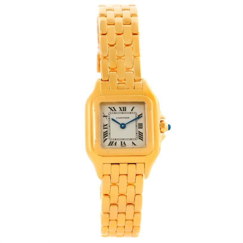 The image shows a front view of the Cartier Panthere W25022B9 Women's Yellow Gold Silver Dial W25022B9 Women's Yellow Gold Silver Dial watch, highlighting the face, bezel, and gold bracelet.