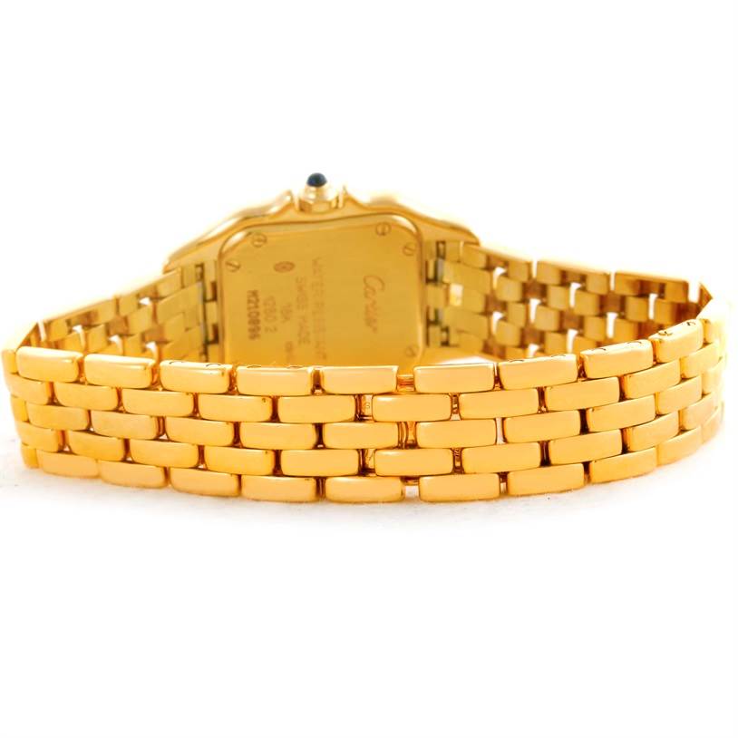 This image shows the back view of the Cartier Panthere W25022B9 Women's Yellow Gold Silver Dial W25022B9 Women's Yellow Gold Silver Dial model watch, highlighting the gold case and bracelet.