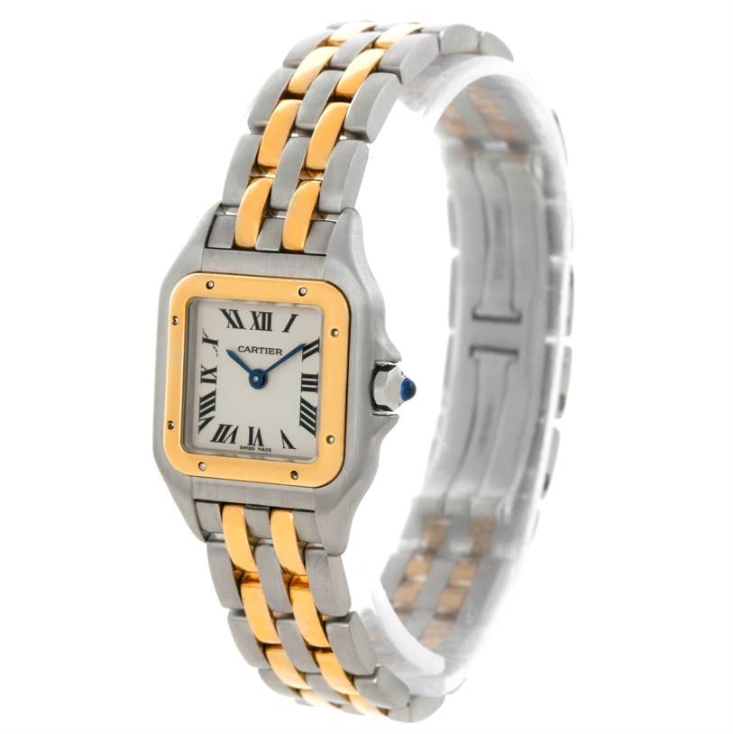The Panthere model by Cartier is shown at an angle highlighting its two-tone metal bracelet and square face with Roman numerals.