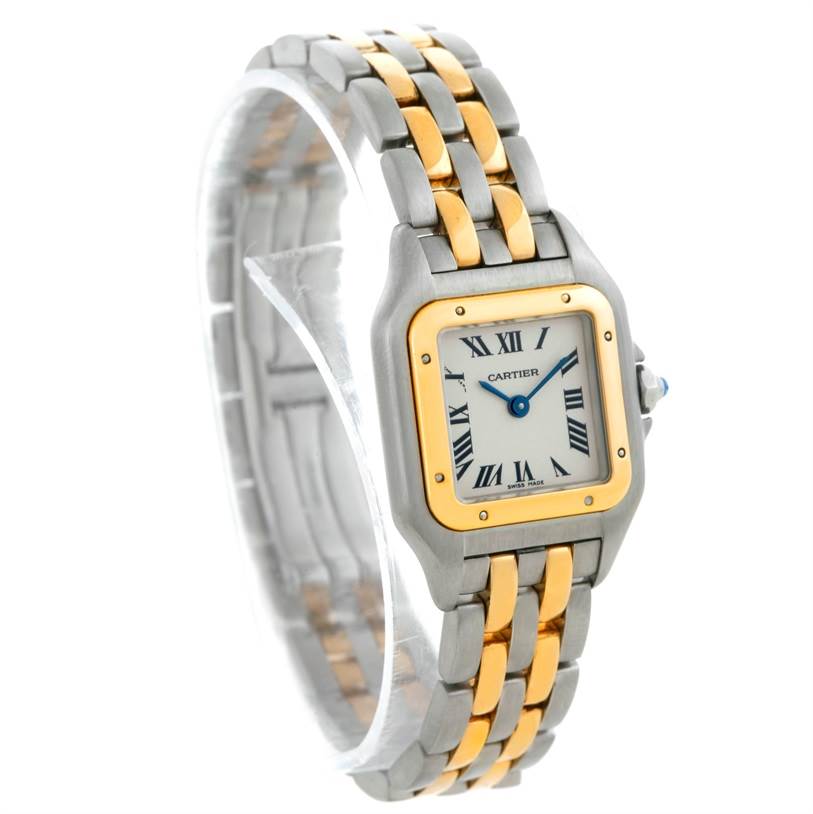 The image shows a Cartier Panthere W25029B6 Women
s Stainless Steel Silver Dial W25029B6 Women
s Stainless Steel Silver Dial watch from an angled front view, highlighting its two-tone bracelet and square face with Roman numerals.