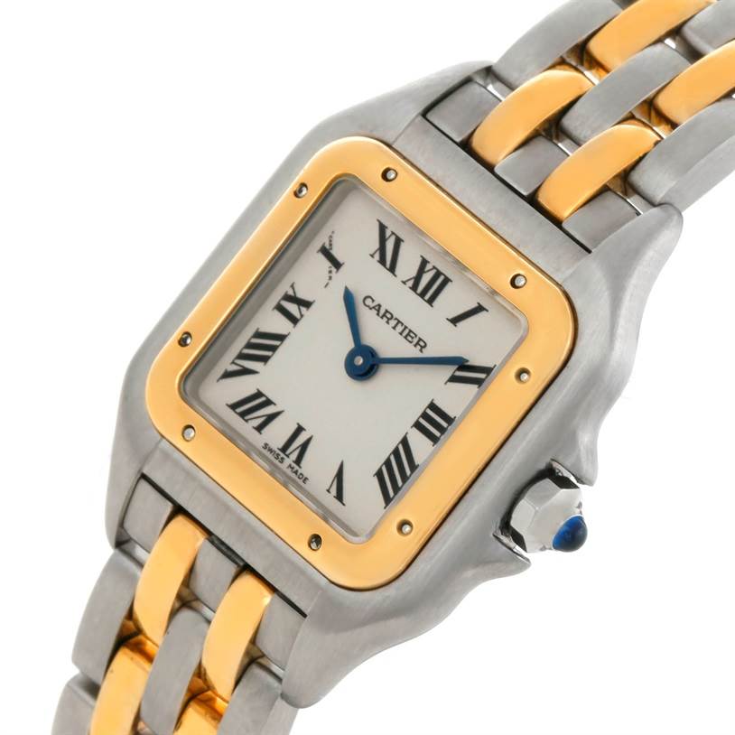 The image shows a close-up view of a Cartier Panthere W25029B6 Women
s Stainless Steel Silver Dial W25029B6 Women
s Stainless Steel Silver Dial watch, focusing on its face, bezel, crown, and part of the bracelet.