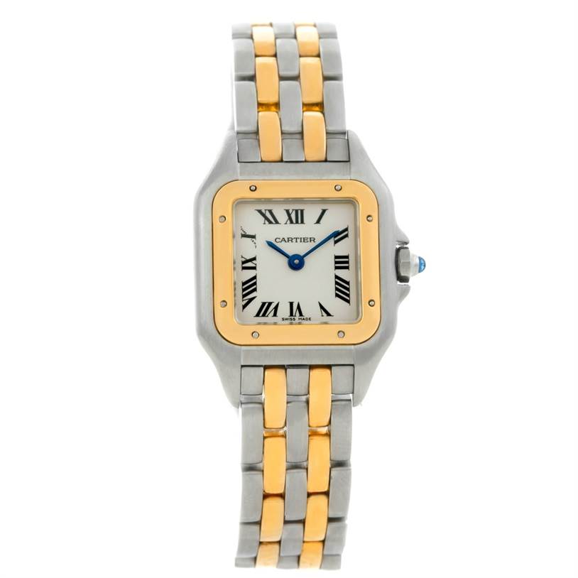 The image shows a front view of a Cartier Panthere W25029B6 Women
s Stainless Steel Silver Dial W25029B6 Women
s Stainless Steel Silver Dial watch, highlighting its face, bezel, crown, and two-tone bracelet.