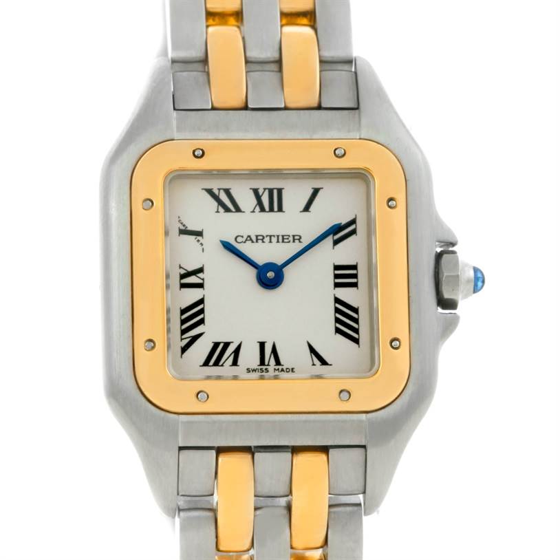 The image shows a front view of a Cartier Panthere W25029B6 Women
s Stainless Steel Silver Dial W25029B6 Women
s Stainless Steel Silver Dial model watch, displaying its face, bezel, and part of the metal bracelet.