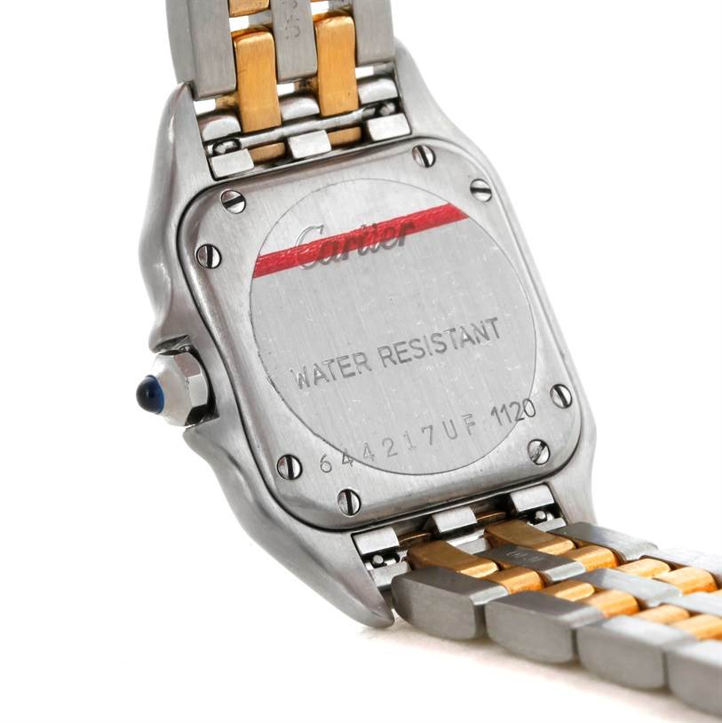 This image shows the back casing and partial bracelet of the Cartier Panthere W25029B6 Women
s Stainless Steel Silver Dial W25029B6 Women
s Stainless Steel Silver Dial watch, emphasizing its water-resistant feature.