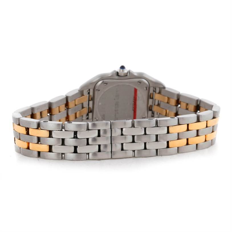 The image shows a rear view of a Cartier Panthere W25029B6 Women
s Stainless Steel Silver Dial W25029B6 Women
s Stainless Steel Silver Dial watch, highlighting its two-tone metal bracelet and case back.