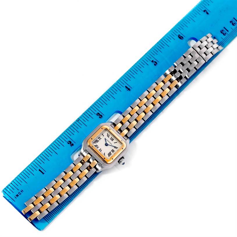 The Cartier Panthere W25029B6 Women
s Stainless Steel Silver Dial W25029B6 Women
s Stainless Steel Silver Dial model watch is shown from a top-down angle, aligned with a blue ruler for size reference.