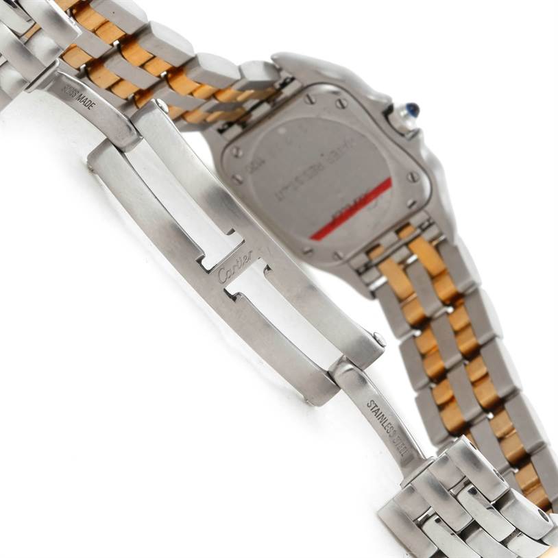 This is a close-up of the clasp and back of the Panthere model watch by Cartier, showing the intricate bracelet design.