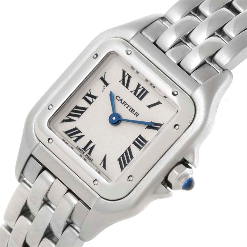The image shows a close-up angle of the dial and part of the band of a Cartier Panthere W25033P5 Women
s Stainless Steel Silver Dial W25033P5 Women
s Stainless Steel Silver Dial watch.