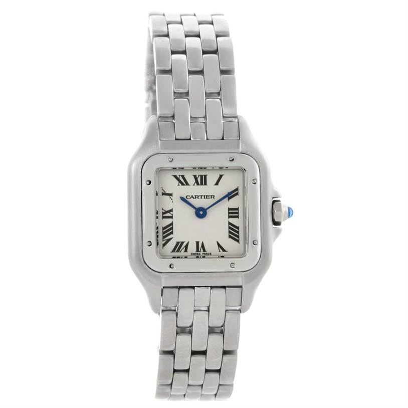 The image shows a Cartier Panthere W25033P5 Women
s Stainless Steel Silver Dial W25033P5 Women
s Stainless Steel Silver Dial model watch from a front angle, displaying the face, dial, and stainless steel bracelet.