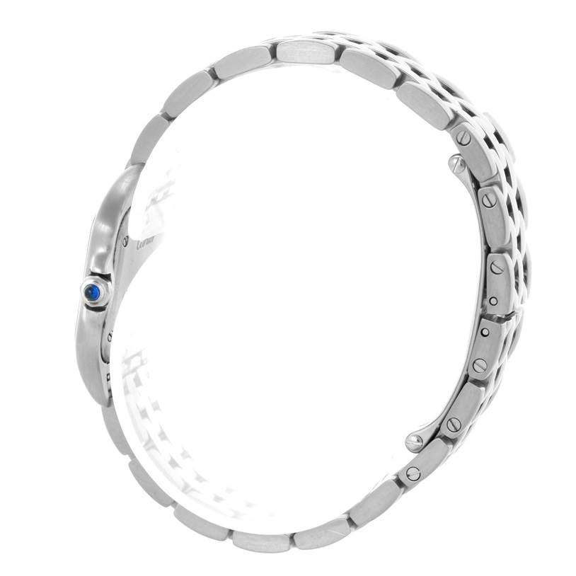 This image shows the side view of the Panthere de Cartier watch, highlighting its bracelet and crown with a blue cabochon.