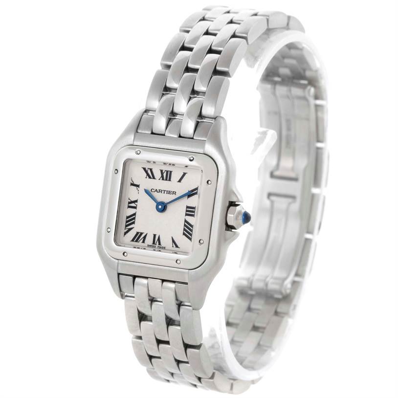 The image shows a Cartier Panthere W25033P5 Women
s Stainless Steel Silver Dial W25033P5 Women
s Stainless Steel Silver Dial watch from a three-quarter angle, displaying its face, bezel, and bracelet.