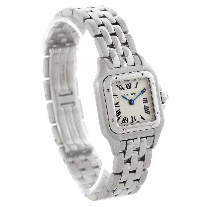 The image shows a Cartier Panthere W25033P5 Women
s Stainless Steel Silver Dial W25033P5 Women
s Stainless Steel Silver Dial watch from a front angle, highlighting its square face, Roman numerals, and metal bracelet.