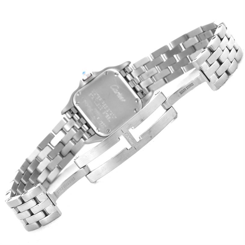 The image shows the back of a Cartier Panthere W25033P5 Women
s Stainless Steel Silver Dial W25033P5 Women
s Stainless Steel Silver Dial model watch, highlighting the bracelet and clasp.