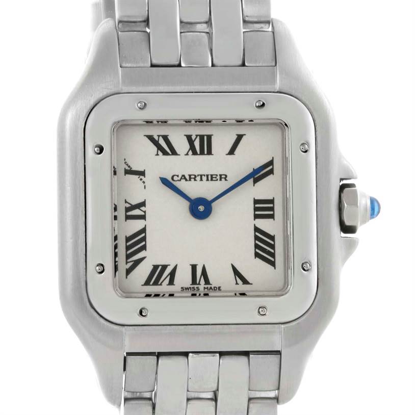 This image shows a close-up, front view of a Cartier Panthere W25033P5 Women
s Stainless Steel Silver Dial W25033P5 Women
s Stainless Steel Silver Dial watch, showcasing its face and part of its band.