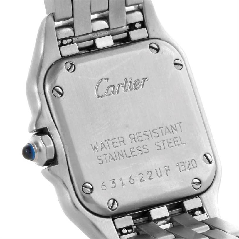 The image shows the back case and part of the band of the Cartier Panthere W25033P5 Women
s Stainless Steel Silver Dial W25033P5 Women
s Stainless Steel Silver Dial watch at an angle highlighting the engraved details.
