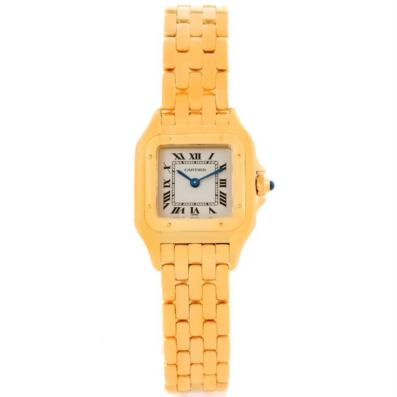 The image shows a front view of a Cartier Panthere W25022B9 Women's Yellow Gold Silver Dial W25022B9 Women's Yellow Gold Silver Dial watch, displaying the face, bezel, crown, and bracelet.