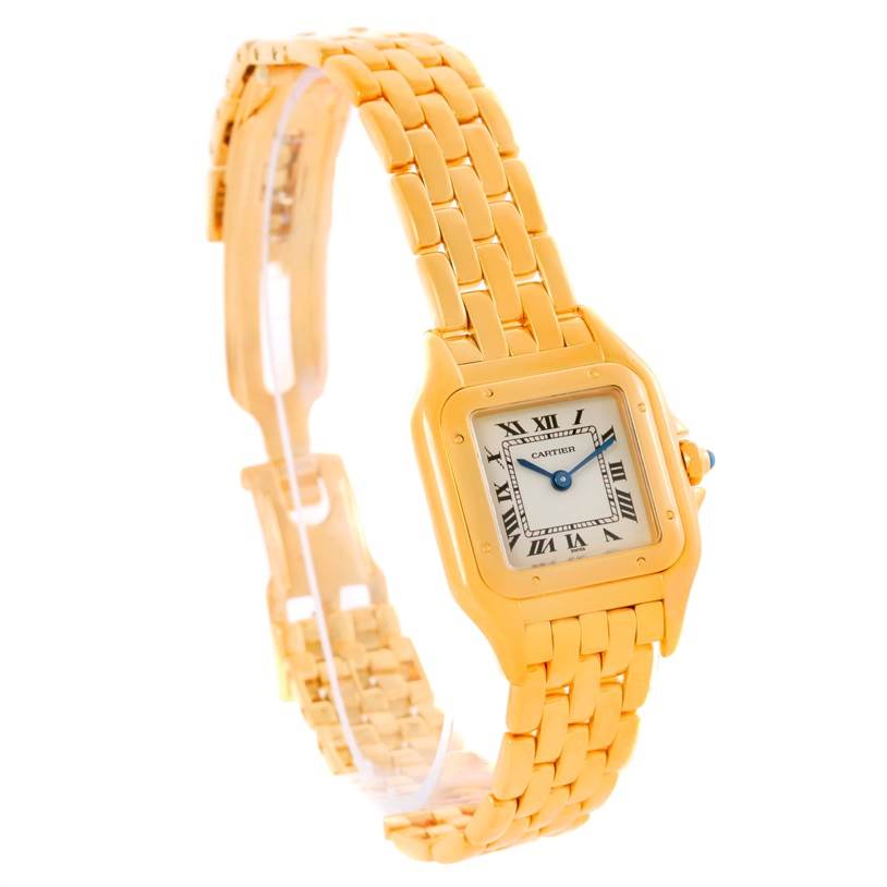 This image shows a Cartier Panthere W25022B9 Women's Yellow Gold Silver Dial W25022B9 Women's Yellow Gold Silver Dial model watch angled to display the face, band, and clasp.