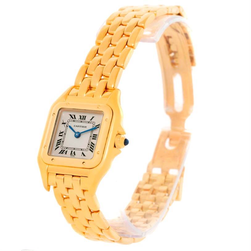 The image shows a Cartier Panthere W25022B9 Women's Yellow Gold Silver Dial W25022B9 Women's Yellow Gold Silver Dial model watch angled to display its face, crown, and gold bracelet.