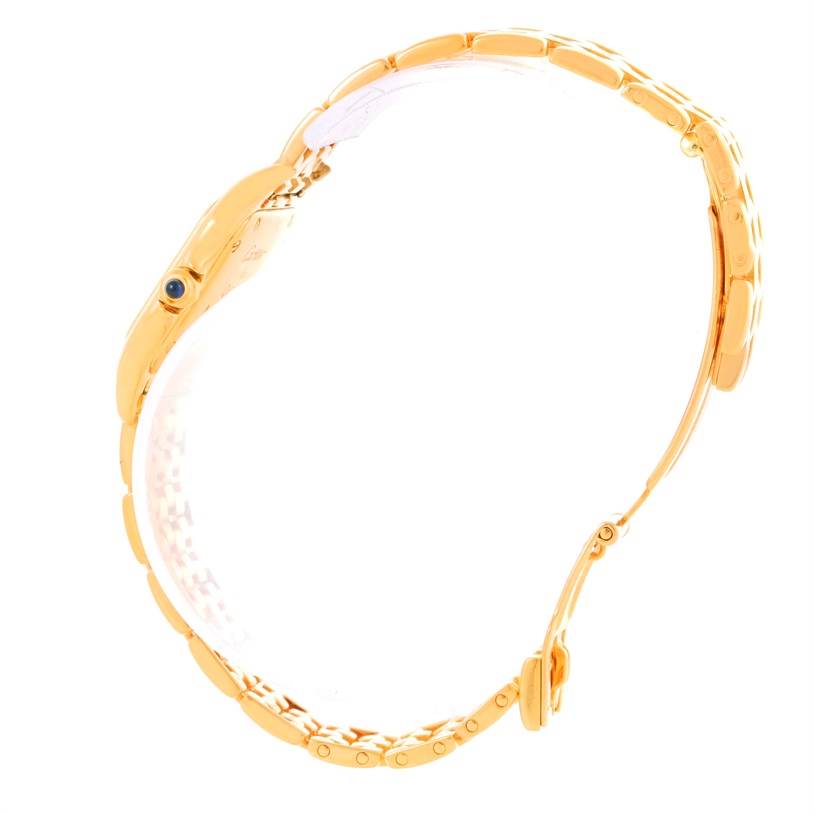 The image shows a side view of the Cartier Panthère watch, highlighting its gold bracelet and bezel.