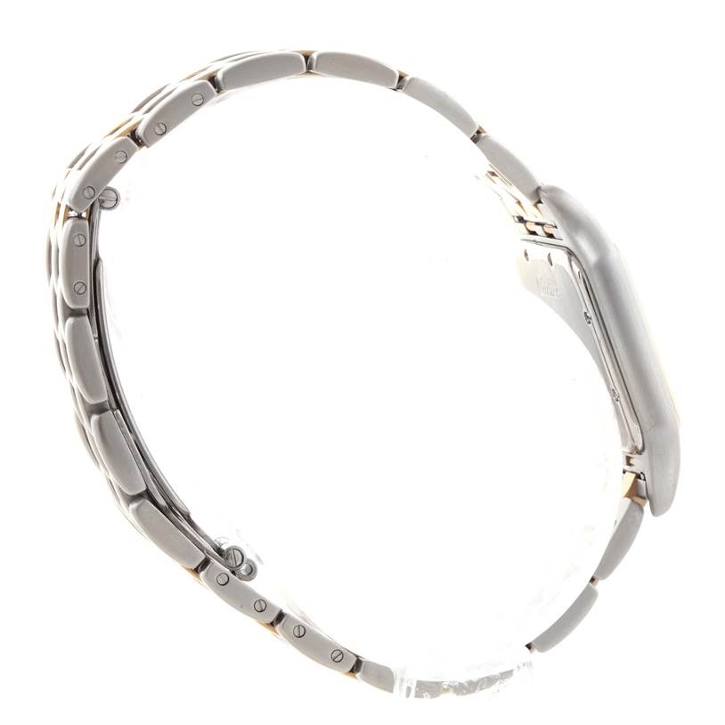 The image shows a side view of the Cartier Panthere W25028B8 Men
s Steel and Gold (two tone) Silver Dial W25028B8 Men
s Steel and Gold (two tone) Silver Dial watch, focusing on its bracelet and case.
