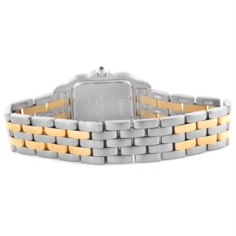 The image shows the back view of a Cartier Panthere W25028B8 Men
s Steel and Gold (two tone) Silver Dial W25028B8 Men
s Steel and Gold (two tone) Silver Dial watch, featuring a two-tone metal bracelet.