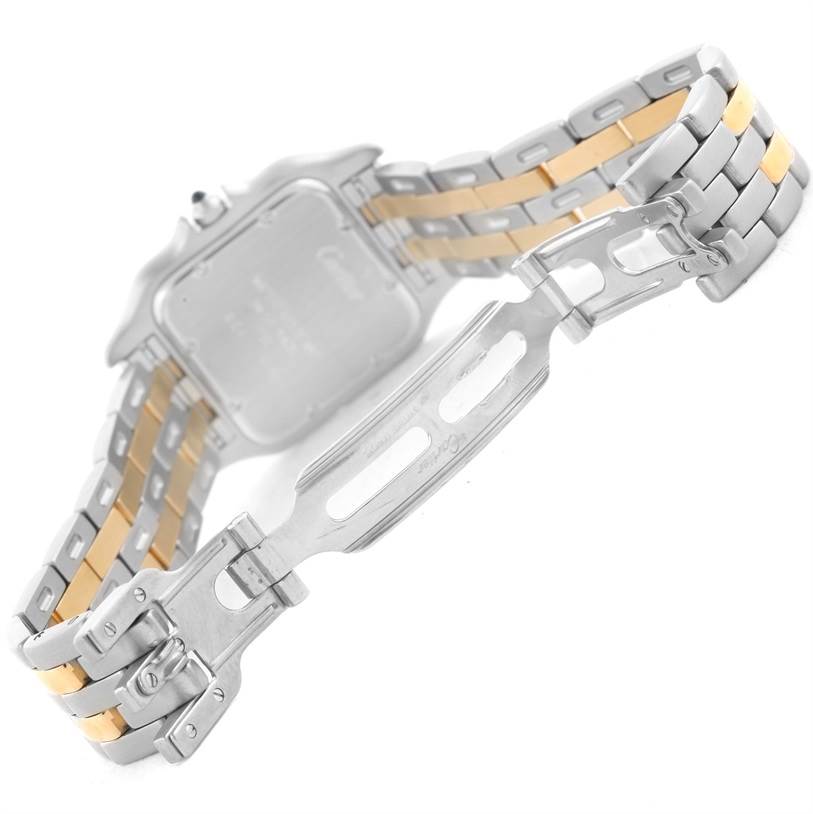 The image shows the back and partial bracelet of the Cartier Panthere W25028B8 Men
s Steel and Gold (two tone) Silver Dial W25028B8 Men
s Steel and Gold (two tone) Silver Dial watch, highlighting the deployment clasp.