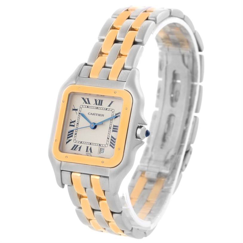 The image shows a Cartier Panthere W25028B8 Men
s Steel and Gold (two tone) Silver Dial W25028B8 Men
s Steel and Gold (two tone) Silver Dial watch at a slight angle, displaying the face, bezel, and two-toned bracelet.