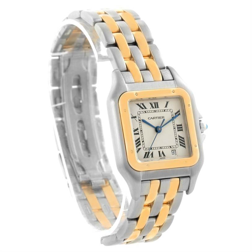 The image shows a Panthere model by Cartier at a slight angle, displaying the watch face and two-tone metallic bracelet.