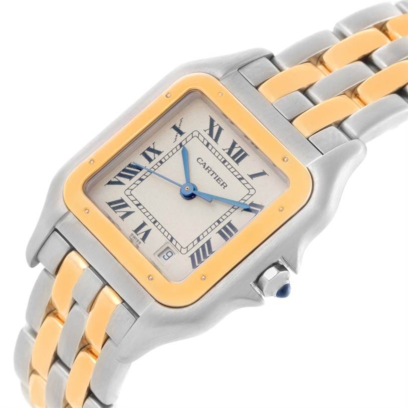 The image shows a top angle of the Cartier Panthere W25028B8 Men
s Steel and Gold (two tone) Silver Dial W25028B8 Men
s Steel and Gold (two tone) Silver Dial watch, featuring its face, bezel, crown, and part of the bracelet.