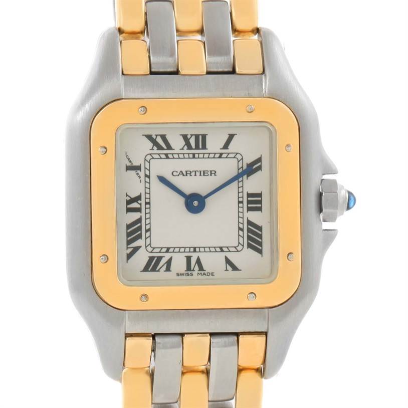 This Cartier Panthere W25029B6 Women's Stainless Steel Beige Dial W25029B6 Women's Stainless Steel Beige Dial watch is shown from a front angle, displaying the dial, bezel, and part of the bracelet.