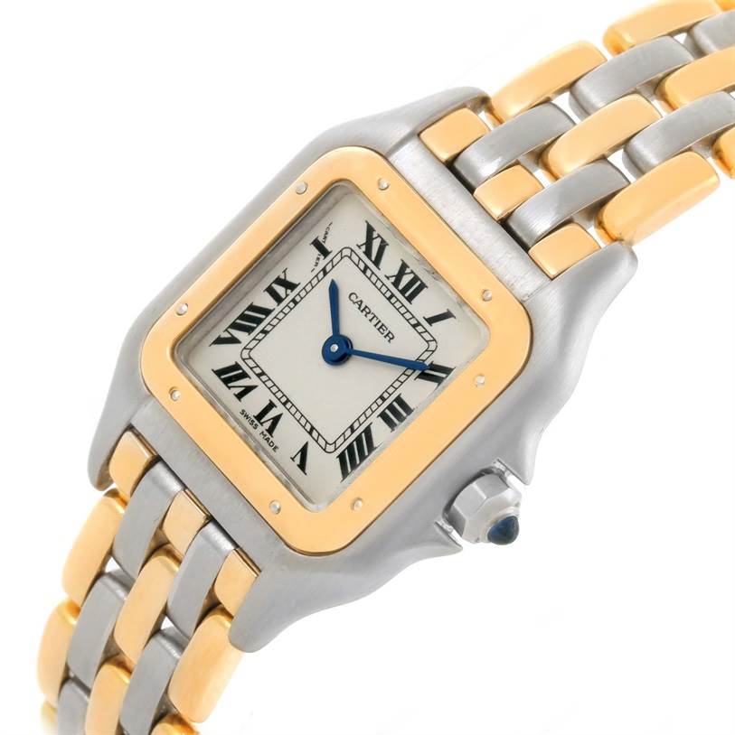 The image shows a Cartier Panthere W25029B6 Women's Stainless Steel Beige Dial W25029B6 Women's Stainless Steel Beige Dial watch at an angled top-down view, highlighting the face, crown, and part of the bracelet.