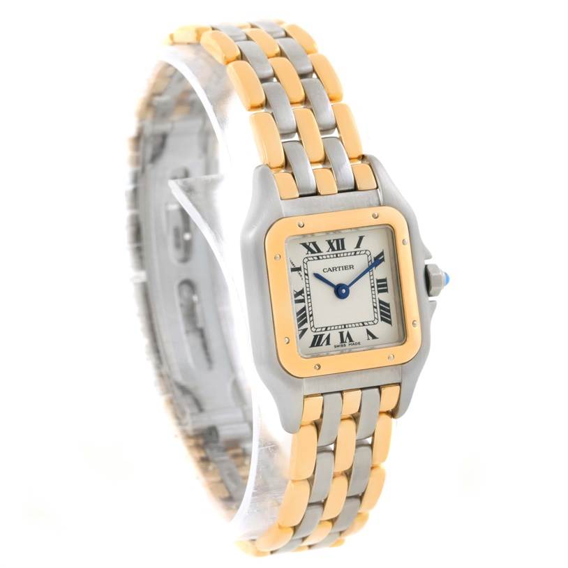 The image shows a side angle of the Cartier Panthere W25029B6 Women's Stainless Steel Beige Dial W25029B6 Women's Stainless Steel Beige Dial watch, highlighting its two-tone bracelet and square dial with Roman numerals.