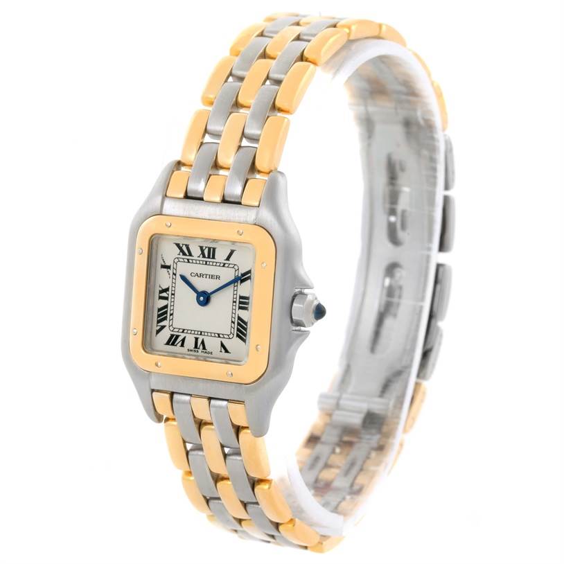 The image shows a Panthere model by Cartier, displaying its face, bezel, and two-tone metal bracelet at an angle.