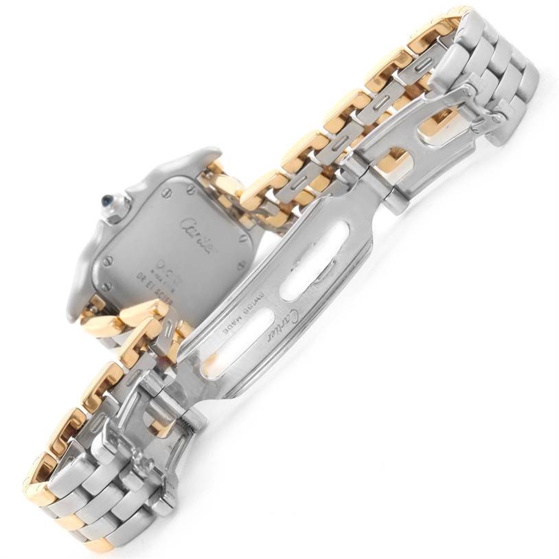The image shows the back and part of the band of a Cartier Panthere W25029B6 Women's Stainless Steel Beige Dial W25029B6 Women's Stainless Steel Beige Dial watch, highlighting its clasp and two-tone metal links.