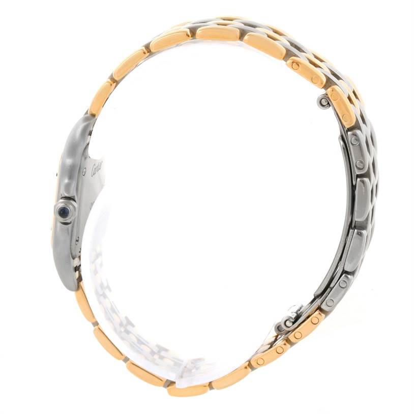 This image shows a side view of the Cartier Panthere W25029B6 Women's Stainless Steel Beige Dial W25029B6 Women's Stainless Steel Beige Dial watch, highlighting its two-tone metal bracelet and side profile.