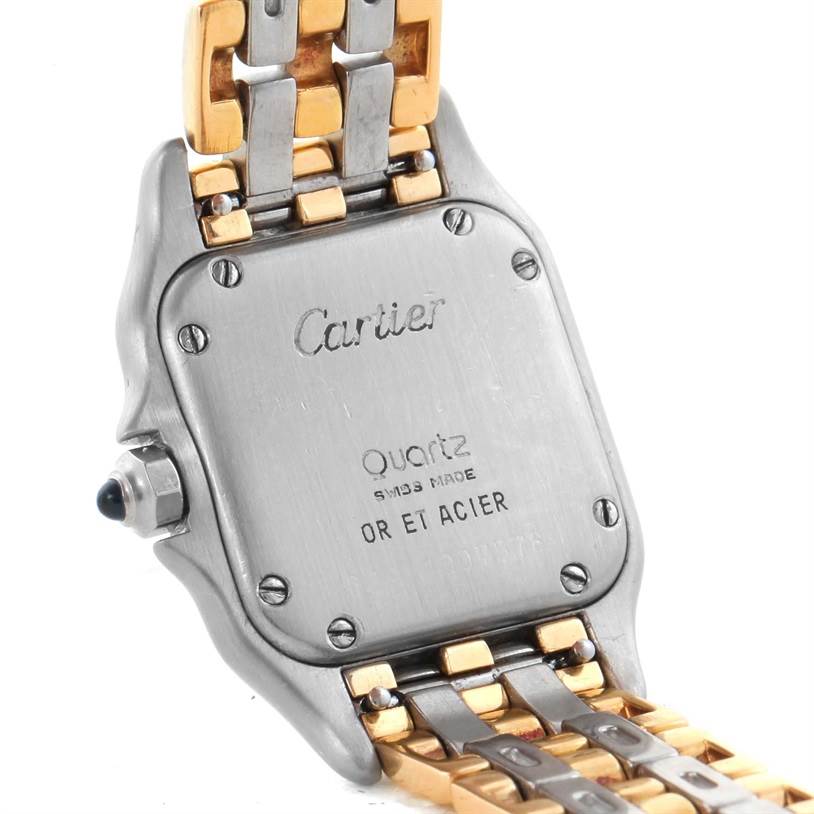 The image shows the back of a Cartier Panthere W25029B6 Women's Stainless Steel Beige Dial W25029B6 Women's Stainless Steel Beige Dial watch, including the case back and part of the two-tone bracelet.
