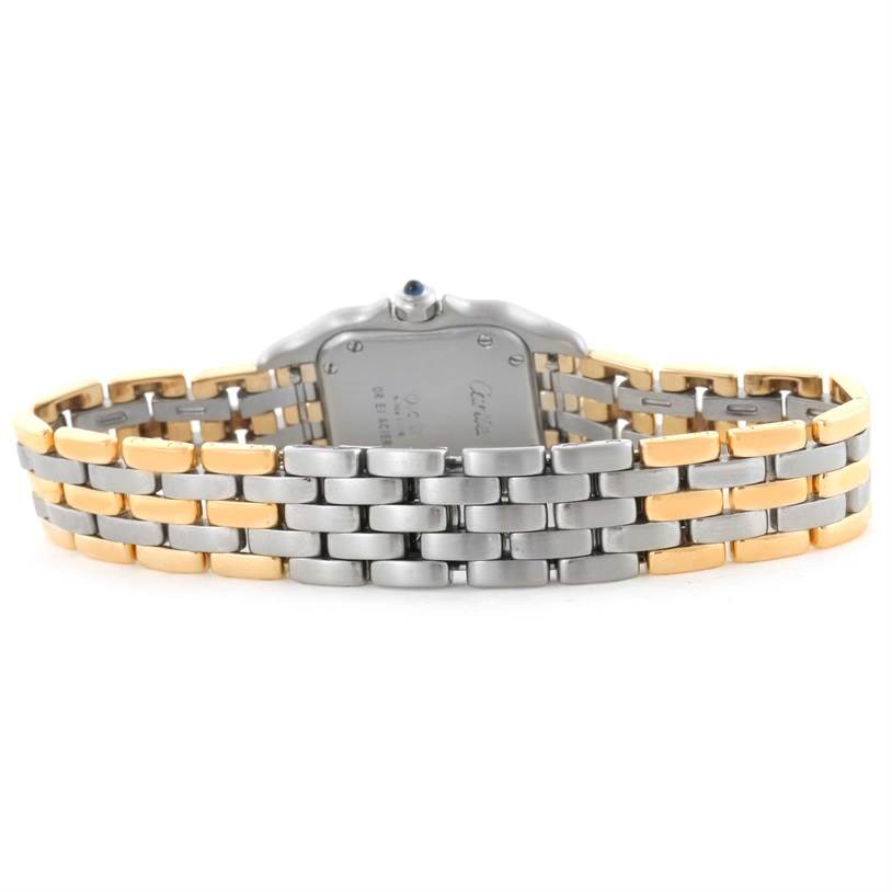 The image shows the backside and bracelet of the Panthere model watch by Cartier from a rear angle.