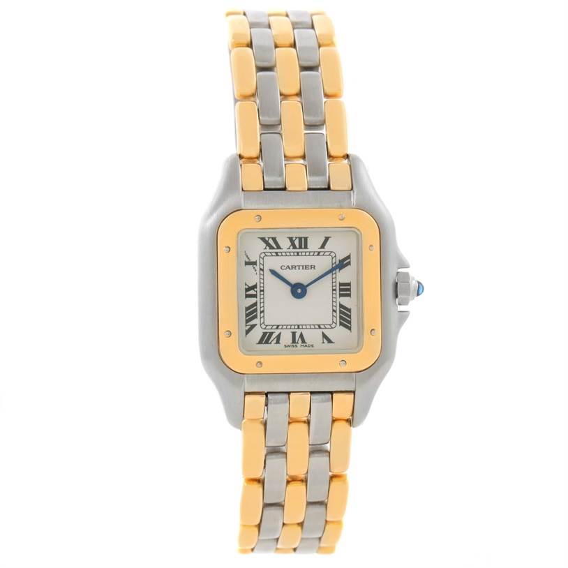 The image shows a Cartier Panthere W25029B6 Women's Stainless Steel Beige Dial W25029B6 Women's Stainless Steel Beige Dial watch from a front angle, highlighting its square face, Roman numerals, and two-tone metal bracelet.