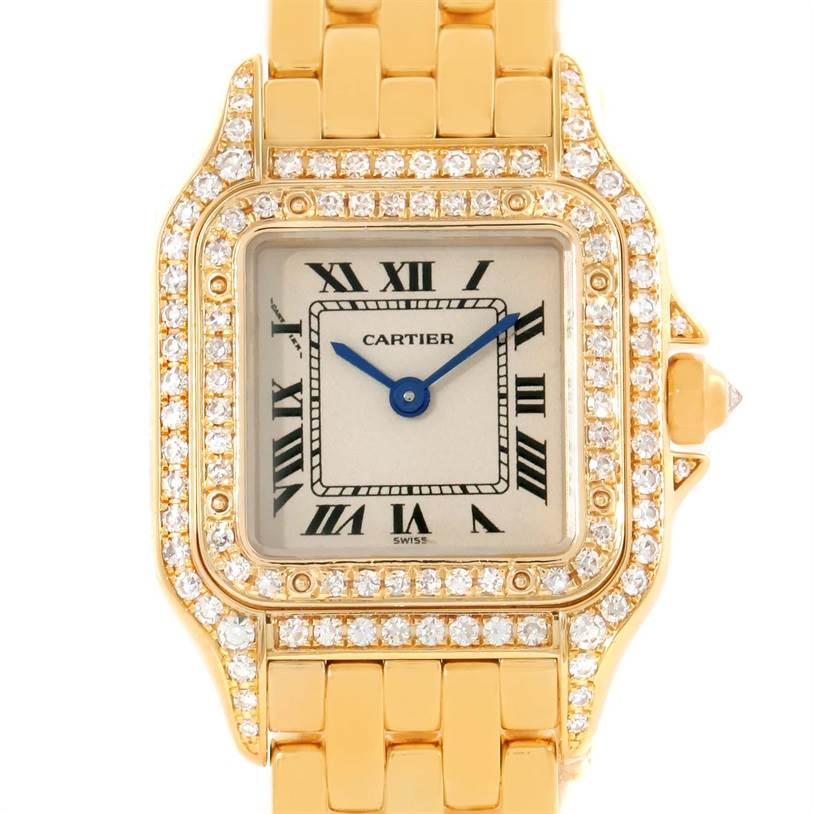 This image shows the front view of a Cartier Panthere WF3072B9 Women's Yellow Gold Silver Dial WF3072B9 Women's Yellow Gold Silver Dial watch, highlighting its face, bezel, and part of the bracelet.