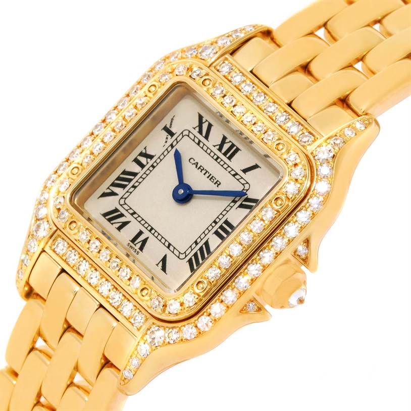 The image shows an angled view of the Cartier Panthere WF3072B9 Women's Yellow Gold Silver Dial WF3072B9 Women's Yellow Gold Silver Dial model watch, highlighting its gold case, diamond-encrusted bezel, and linked bracelet.
